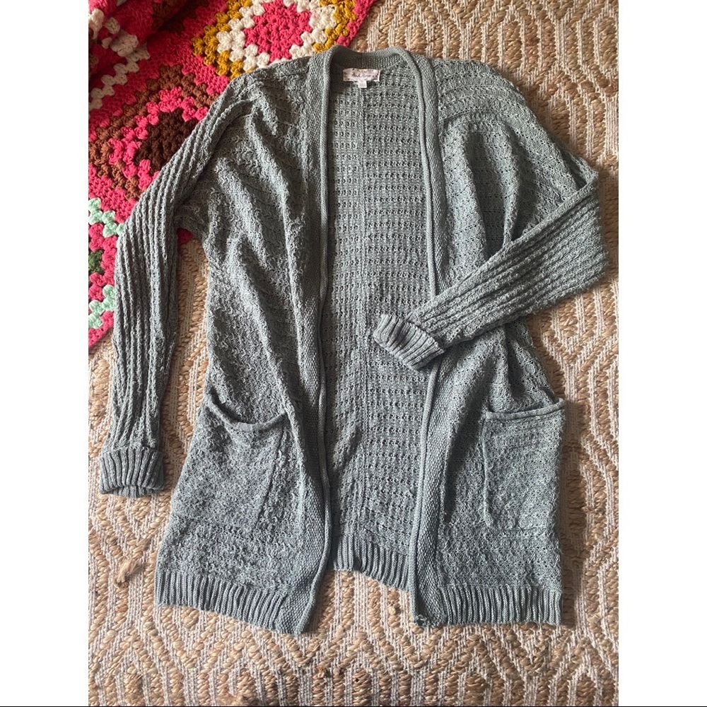 Green Blue Knit Pink Rose Cardigan Sweater XS